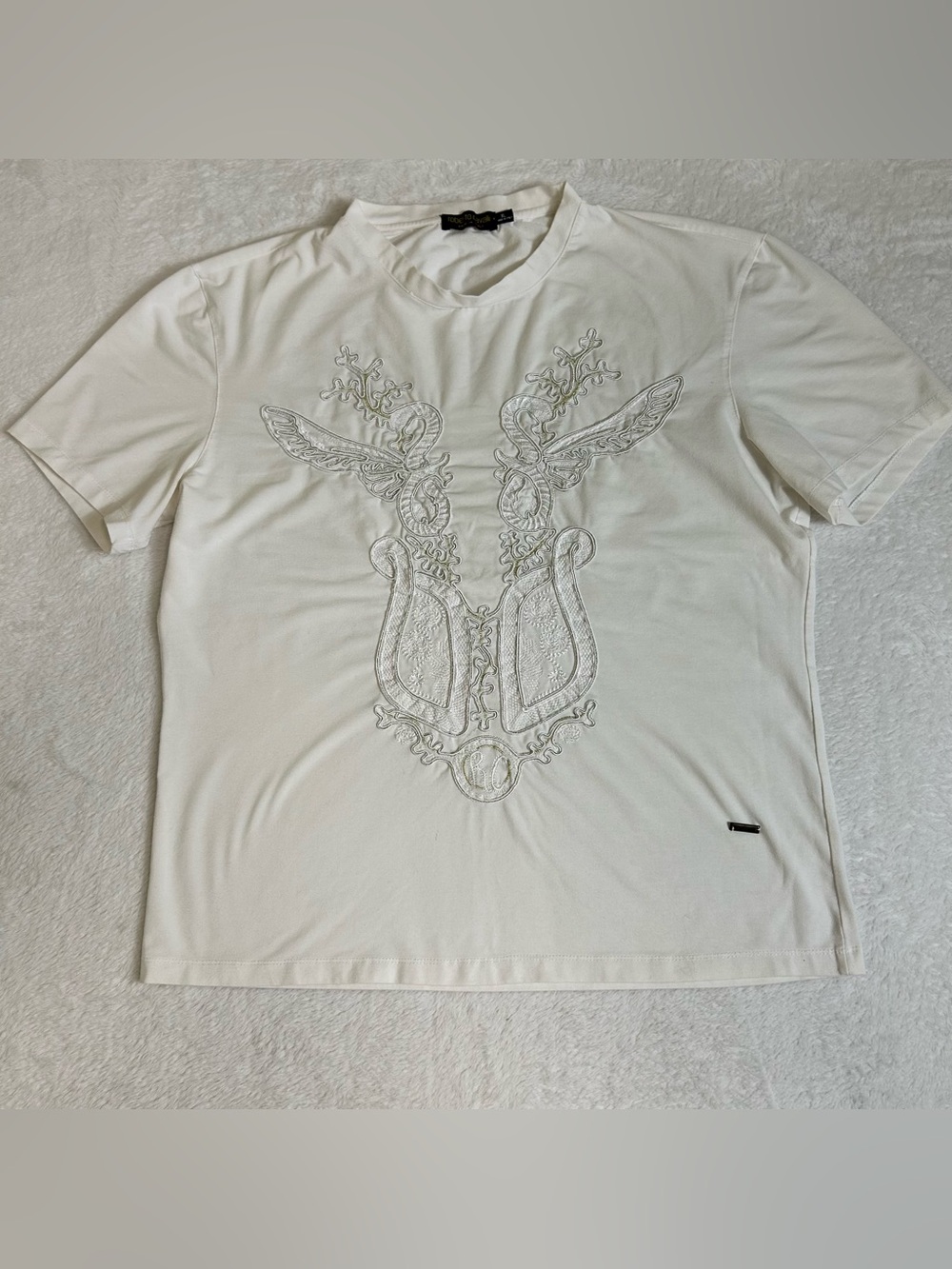 Roberto Cavalli Women's Shirt Size XL White Short Sleeve Embroidered Stretch